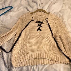 Ulla Johnson Marland Cotton Cream Sweater with Black Lace-Up Sweater